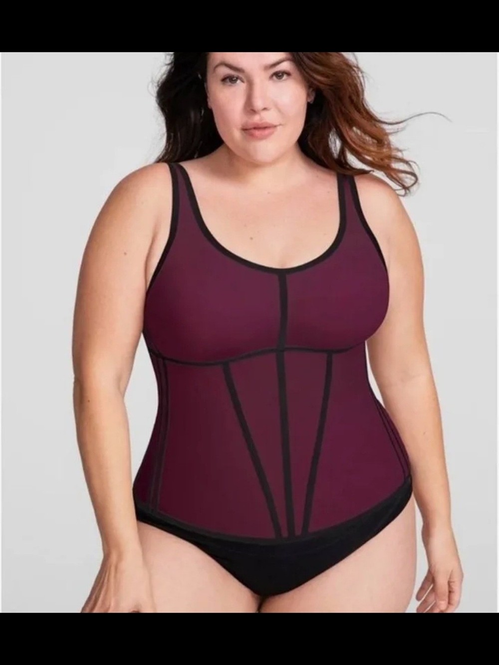 Plus Size Sculpting Tank Bodysuit in Burgundy with Black Trim